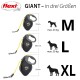 Flexi GIANT ausziehbare Hundeleinen in drei Größen: M (max. 25 kg), L (max. 50 kg) und XL, mit angezeigten Maßen.