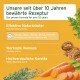 Gelbes Tieretikett mit der Aufschrift 'Unsere seit über 10 Jahren bewährte Rezeptur', zeigt Kräuter, Walnüsse und Karotten sowie eine Kräuterliste.