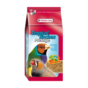 Un sac coloré de nourriture pour oiseaux Versele-Laga Tropical Finches Prestige avec deux pinsons sur le devant, avec le texte indiquant "100 % pure nature."