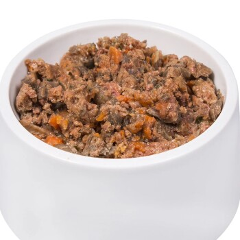 Eine weiße Futterschüssel für Haustiere, gefüllt mit einer Mischung aus Hackfleisch und Gemüse, mit sichtbaren Stücken von orangefarbenen Karotten.