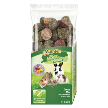 Sachet MultiFit Nature Grain Free Drops Mix avec perles de granulés mélangées et illustration de lapin, cochon d'Inde, hamsters et souris, 140 g.