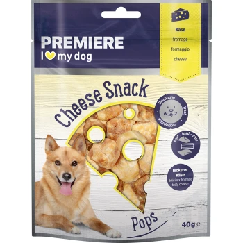 A packaging for dog treats labeled "Cheese Snack Pops" featuring a smiling dog, with images of cheese snacks inside a cheese-shaped cutout.