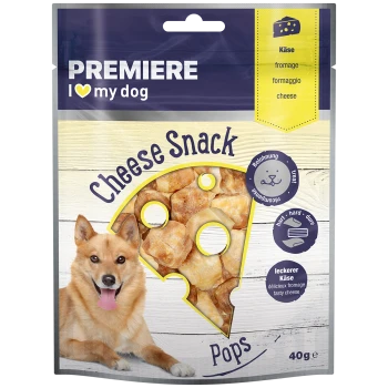 Eine Verpackung für Hundeleckerlis mit der Aufschrift "Käse Snack Pops", die einen lächelnden Hund zeigt, mit Bildern von Käseleckerlis in einem käseförmigen Ausschnitt.