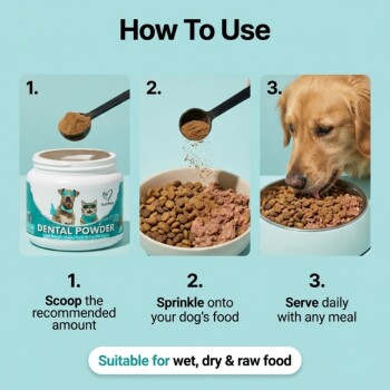 How To Use: 'DENTAL POWDER' scooped and sprinkled onto dog food; dog eating. Text: 'Suitable for wet, dry & raw food'