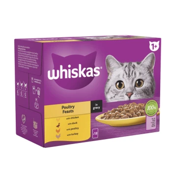 Whiskas Poultry Feasts cat food box featuring a gray cat's face, with text highlighting "in gravy" and flavors: chicken, duck, and turkey.