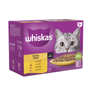 Whiskas Poultry Feasts cat food box featuring a gray cat's face, with text highlighting "in gravy" and flavors: chicken, duck, and turkey.