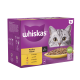 Whiskas Poultry Feasts cat food box featuring a gray cat's face, with text highlighting "in gravy" and flavors: chicken, duck, and turkey.