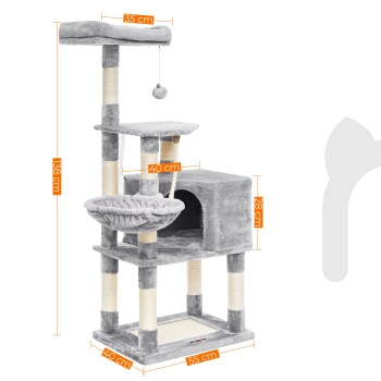 Grauer Katzenbaum mit mehreren Ebenen, Kratzpfosten und einer gemütlichen Hängematte, 138 cm hoch, 55 cm breit und 40 cm tief.