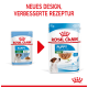 Bild, das zwei Royal Canin Welpenfutterbeutel vergleicht, mit neuem Design und verbesserter Rezeptur. Der Text lautet "NEUES DESIGN, VERBESSERTE REZEPTUR."