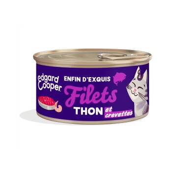 Boîte de nourriture pour chat Edgard Cooper avec du thon et des crevettes, avec une illustration de chat joueur et le texte 'Filets THON et crevettes.'