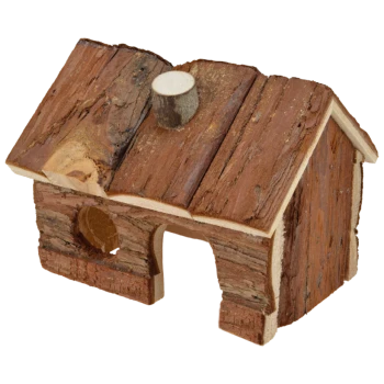 Maison pour animaux en bois faite d'écorce naturelle, avec un toit incliné et une entrée circulaire, idéale pour les petits animaux.