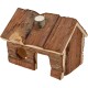 Wooden pet house made of natural bark, featuring a sloped roof and a circular entrance, ideal for small animals.