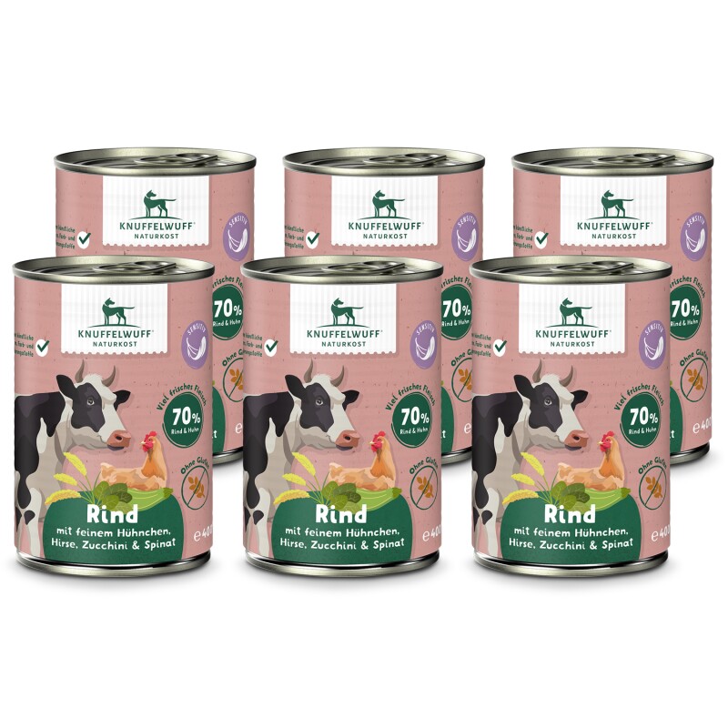 Knuffelwuff Nassfutter Rind mit feinem Hühnchen, Hirse, Zucchini & Spinat 6 x 400g