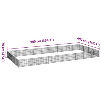 Diagramm eines Haustier-Spielgeheges mit beschrifteten Abmessungen: 900 cm (354,3") lang, 400 cm (157,5") breit und 70 cm (27,6") hoch.