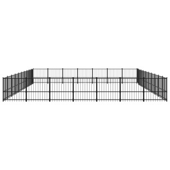 Schwarzes Metall-Haustierspielgehege mit vertikalen Stangen und einem sicheren Design, ideal für den Außen- oder Innenbereich.