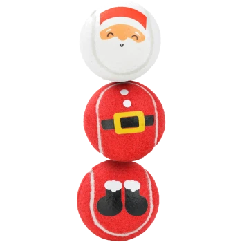 Stapel von drei weihnachtlich gestalteten Tennisbällen für Haustiere mit Motiven von Santas Gesicht, Gürtel und Stiefeln.