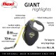 Flexi Giant dog leash with 8m length, featuring a robust braking system, ergonomic grip, and neon-colored tape for visibility.