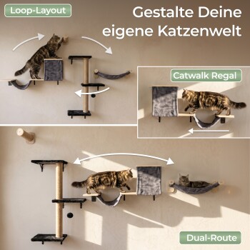 Zwei getigerte Katzen auf modernem, grauem, wandmontiertem Katzenmöbel mit deutschem Text über Komfort und waschbaren Bezug.