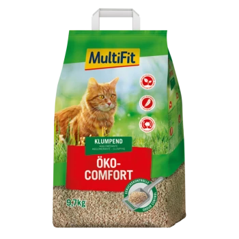 Eine 9,7 kg Tüte MultiFit Öko-Comfort Katzenstreu mit einer flauschigen orangefarbenen Katze auf der Vorderseite, mit Text, der Klumpenbildung und Geruchskontrolle anzeigt.