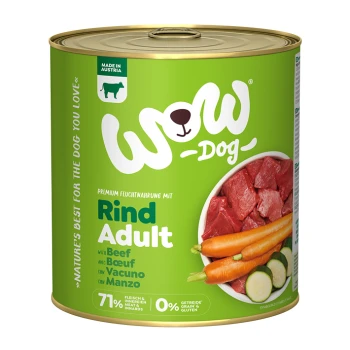 Nourriture pour chiens en conserve "WOW Dog" au bœuf sur fond vert, montrant de la viande et des légumes, étiquetée "71 % de viande" et "0 % de céréales et de gluten."