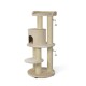 Arbre à chat avec plusieurs niveaux, un coin douillet, des poteaux à gratter et un jouet suspendu, le tout dans une douce couleur beige.