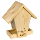Holz-Vogelfutterspender in Form eines Hauses, mit einem geneigten Dach und einer Futterplatte am Boden, beschriftet "Lyna Pet."