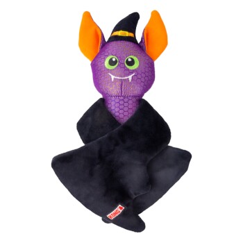 Purple bat-shaped dog toy with green eyes, orange ears and witch hat attached to a black plush blanket, KONG tag.
