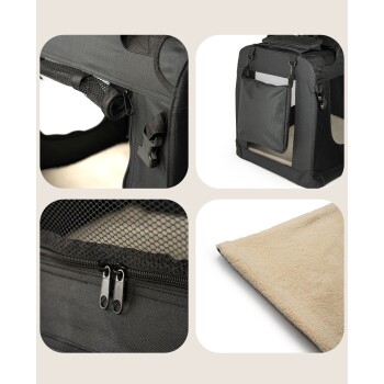 Schwarze Haustiertrage mit Netzpaneelen, Seitentasche und einer weichen beigen Fleece-Matte im Inneren. Reißverschlussdetails sichtbar.