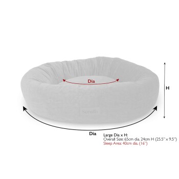 Runder, plüschiger Haustierbett in Hellgrau mit den Abmessungen: Gesamte Größe 65 cm Durchmesser x 24 cm Höhe, Schlafbereich 40 cm Durchmesser.