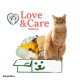 Eine orangefarbene Katze sitzt neben einer bunten Box voller Haustierprodukte, mit dem Text 'Love & Care Edition' darüber.
