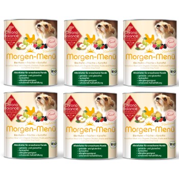 Sechs Dosen "Morgen-Menü" Hundefutter mit Bio-Hühnchen, Früchten und Kartoffeln. Etiketten betonen glutenfreie und allergenfreundliche Eigenschaften.