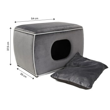 Graues Haustierbett mit einem gemütlichen Höhlendesign, Abmessungen 54 cm x 35 cm x 37,5 cm, mit einem abnehmbaren Kissen.