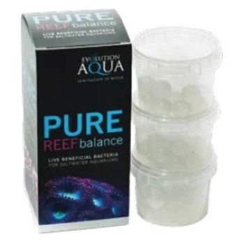 Boîte de bactéries bénéfiques vivantes "PURE REEF balance" pour aquariums d'eau salée, avec trois conteneurs transparents de capsules de bactéries.