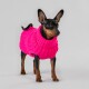 Ein kleiner schwarzer Hund, der einen leuchtend pinken gestrickten Pullover trägt, steht vor einem hellgrauen Hintergrund und zeigt sein stilvolles Outfit.