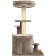 Katzenbaum mit mehreren Ebenen, weichem beigen Stoff, Kratzbaum und kleinen Plattformen zum Klettern und Ausruhen.