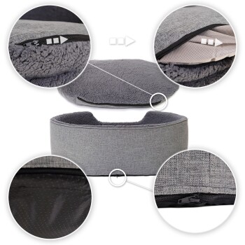 Graues Haustierbett mit abnehmbarem, mit Reißverschluss versehenem Bezug, mit einer weichen Fleece-Oberseite und einem strukturierten Boden für Halt.