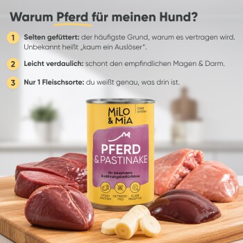 Bild eines rohen Pferdefleischstücks (62% hypoallergen) neben Pastinakenstücken, mit dem Text "leicht verdauliche Pastinake."