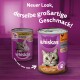 Puszki z jedzeniem dla kotów Whiskas z nowym wzorem, z napisem 'Neuer Look, derselbe großartige Geschmack!' i wizerunkami kotów.