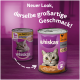 Whiskas kattenvoerblikken met een nieuw ontwerp, met de tekst "Neuer Look, derselbe großartige Geschmack!" en afbeeldingen van katten.