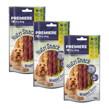 Drei Pakete "Premiere Nutri Snack Wrapped Sticks" für Hunde, mit einem Golden Retriever auf der Vorderseite, jedes wiegt 80g.