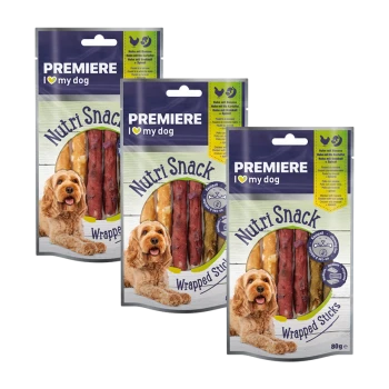 Three packages of "Premiere Nutri Snack Wrapped Sticks" for dogs, featuring a golden retriever on the front, each weighing 80g.