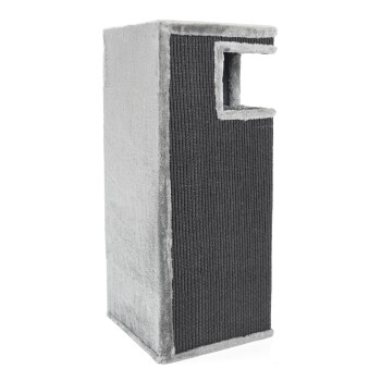 Grauer Katzenkratzbaum mit einer strukturierten schwarzen Kratzfläche und einer Aussparung oben für spielerischen Zugang.