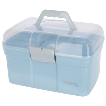 Hellblauer Kunststoff-Katzenpflegekasten mit klarem Deckel, weißem Verschluss, Griff und „KERBL pet“ Logo vorne.