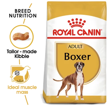 Royal Canin Adult Boxer dog food bag with a Boxer illustration and text on "Breed Nutrition," "Tailor-made Kibble," and "Ideal muscle mass."