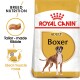 Royal Canin Adult Boxer dog food bag with a Boxer illustration and text on "Breed Nutrition," "Tailor-made Kibble," and "Ideal muscle mass."