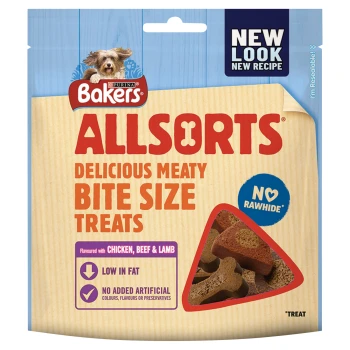 Bakers Allsorts dog treats package featuring a dog image, labeled "Delicious Meaty Bite Size Treats," with claims of being low in fat and no rawhide.
