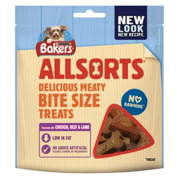 Bakers Allsorts dog treats package featuring a dog image, labeled "Delicious Meaty Bite Size Treats," with claims of being low in fat and no rawhide.