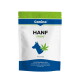 Canina HANF Sticks Hundesnack-Beutel, weiß-grün-blaues Verpackungsdesign, Hundesilhouette mit Hanfblatt, mit der Aufschrift 'Für Hunde' und deutschsprachigen Vorteilsangaben.