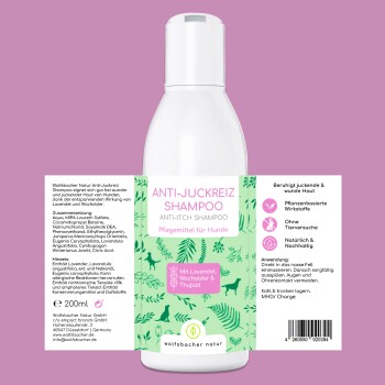 Wolfsbacher Natur Anti-Juckreiz Shampoo für Hunde, 200ml, mit Lavendel-, Wacholder- und Thujaöl, pflanzlich, tierversuchsfrei.
