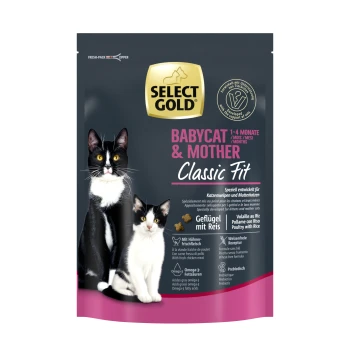 L'emballage de nourriture pour chat Select Gold Babycat & Mother montre un chaton noir et blanc avec sa mère, mettant en avant "1-4 Monate" et les bienfaits nutritionnels.